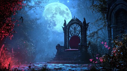 Fantasy Throne in a Moonlit Forest: Ornate under a Blue Moon amidst Sparkling Mist and Vibrant Red Foliage in a Mystical Night Scene