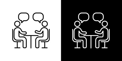 Vector icon illustration of two people sitting at table with speech bubbles in outline style black and white version suitable for meeting discussion interview and communication design