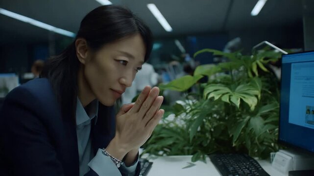 Reflective businesswoman contemplates work on computer with hands clasped.