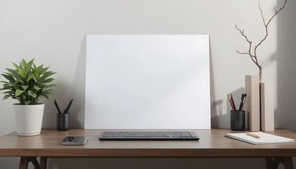 Workspace Scene Mockup Blank White Canvas, Desk Essentials, Plant, and Modern Tech for Design Display