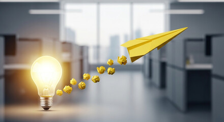 Yellow paper plane flying through modern office with glowing bulb, innovation and agility concept for startup launches, workflow optimization and brand storytelling