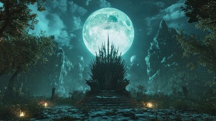 Majestic Spiky Throne in an Enchanted Moonlit Forest Landscape with Glowing Flora, Towering Mountains, and a Gigantic Teal Moon