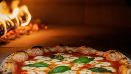 delicious freshly baked wood-fired pizza sits in front of blazing oven It features bubbly charred crust vibrant tomato sauce melted mozzarella and fresh basil leaves