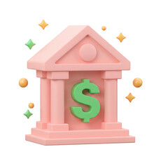 A 3D rendered illustration of a pink bank building with a large green dollar sign. Isolated on a Transparent Background, PNG, Cutout
