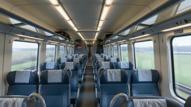 Modern empty train interior Parallel rows of blue seats with light grey headrests flank central aisle Bright overhead lights illuminate the space Green scenery blurs outside wide windows