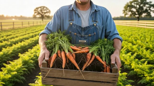 person in denim overalls holds crate of freshly harvested carrots with green tops and soil standing in sunny green field with rows of plants fence and distant trees