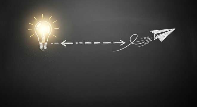 Chalkboard drawing of light bulb with dashed paper plane path, creativity and execution concept for innovation sessions, education pieces, startup narratives and coaching