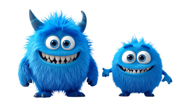  Pair of Cute Blue Furry Monster Variations isolated on transparent background