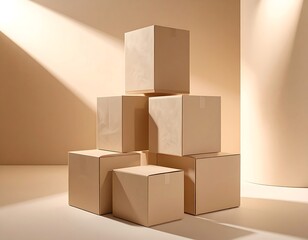 Pyramid of stacked cardboard boxes in soft light