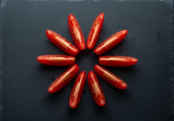 Tomato wedges arranged like a flower on dark slate with glossy surface, circular radial food art for healthy cooking pages, restaurant menu layouts and culinary branding