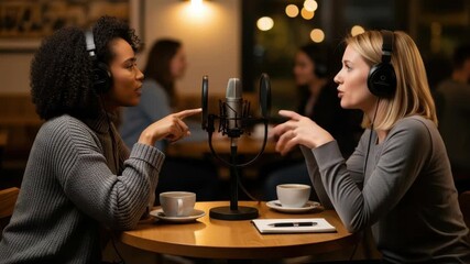 Two diverse women in headphones record podcast in cafe They sit across table with microphone coffee cups and notebook actively conversing and gesturing during their engaging session