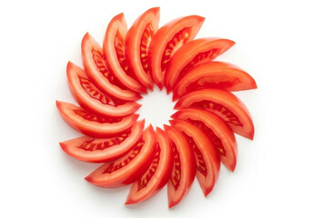 Radial spiral of fresh tomato wedges forming a precise circular center on white background, minimalist food composition for healthy recipe cards, nutrition guides and menu design