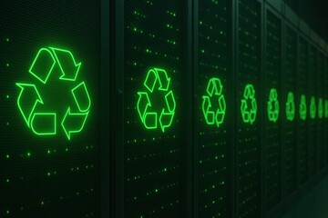 Sustainable data center power. Green recycling symbols illuminated on server panels in a dark environment, emphasizing sustainability in technology.