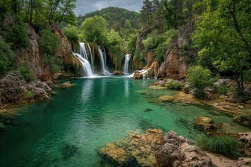 Fototapeta premium Lush waterfall cascading into a crystal-clear pool, surrounded by forest