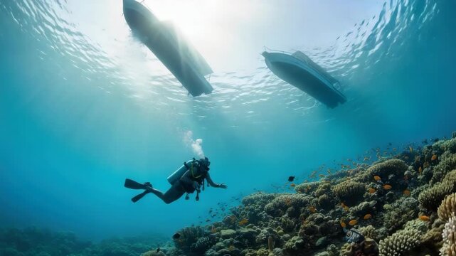 lone diver fully equipped gracefully explores vibrant coral reef teeming with colorful fish Two boats float on the surface sunlight piercing the crystal blue water
