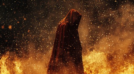 Mysterious Hooded Figure Standing Amidst Blazing Fire, Smoke, and Ascending Fiery Embers, Evoking an Ominous and Powerful Fantasy Scene.