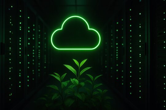 Sustainable data center power. Neon cloud symbol amidst servers with greenery, symbolizing technology and nature integration.