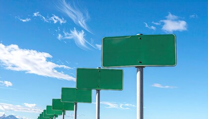Row of Blank Green Road Signs Against Blue Sky with White Clouds