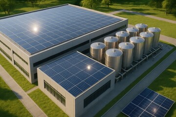 Sustainable data center power. Modern industrial building with solar panels and storage tanks surrounded by greenery.