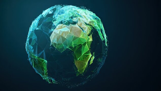 Abstract earth globe with polygons and network lines on dark background - Powered by Adobe