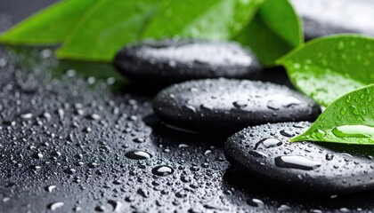 Wet stones lined with green leaves