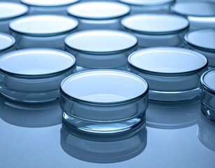 Row of Empty Glass Petri Dishes on Glossy Blue Surface in a Laboratory Setting for Scientific Research and Medical Analysis with Clean Clear Design