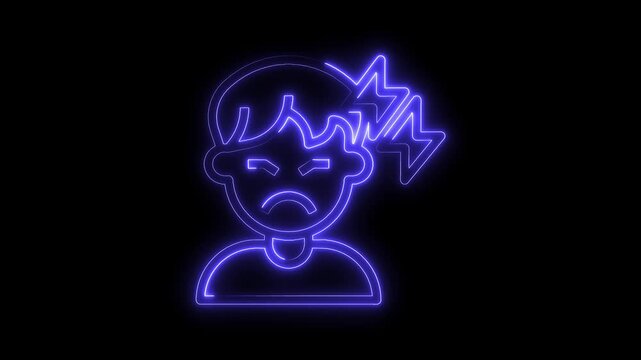 Headache sufferer neon outline illustration motion graphics animation depicting frustration stress and mental health issues