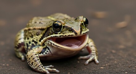 Obraz premium Enthusiastic amphibian portrait capturing a wide-mouthed frog with speckled skin and shiny eyes highlighting its