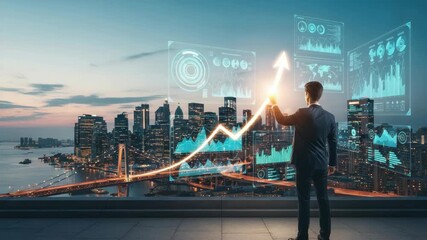 businessman on city rooftop at dusk interacts with holographic data displays featuring glowing upward arrow and various digital charts symbolizing market growth and technological insights - Powered by Adobe