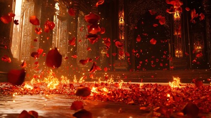 Enchanted Grand Hall with Falling Fiery Rose Petals and Glowing Embers on Ornate Stone Floor