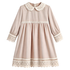 Elegant long-sleeved lace-trimmed dress for girls in soft beige girls dress children's clothing