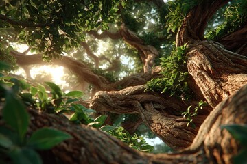 Sunlit ancient tree trunk, lush foliage