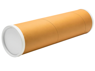 Brown cardboard mailing tube with white plastic end caps on a transparent background