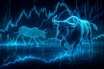 AI generated futuristic bull market scene with glowing digital bull symbolizing strong financial growth fintech innovation and data technology in global trading systems