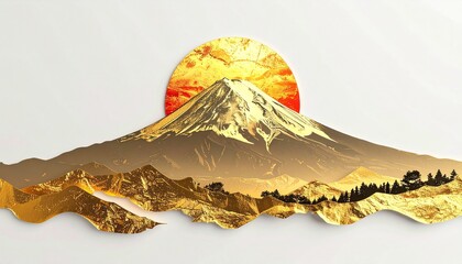 富士山か金色の太陽が昇るめでたい背景