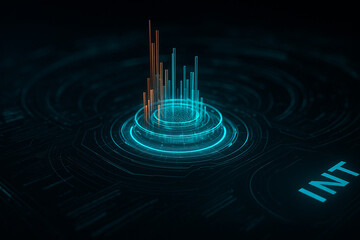 AI generated futuristic digital interface with glowing teal holographic rings and rising 3D data bars creating a sci fi atmosphere for technology and innovation concepts