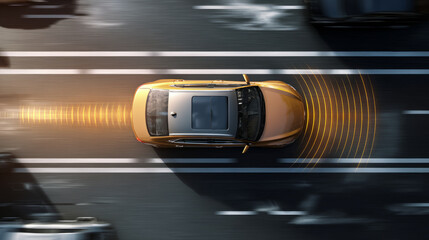 Top view of autonomous car with sensor detection on road