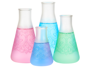 Ornate glass flasks with embossed details and colorful liquids on a transparent background