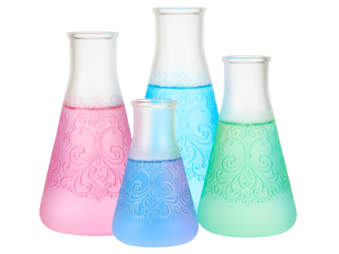 Ornate glass flasks with embossed details and colorful liquids on a transparent background