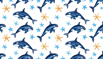 Pattern of dolphins swimming among stars on white