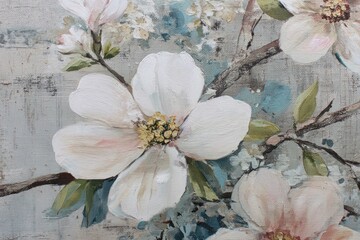 Delicate blossoms in soft pastels and muted tones create a serene floral art piece.