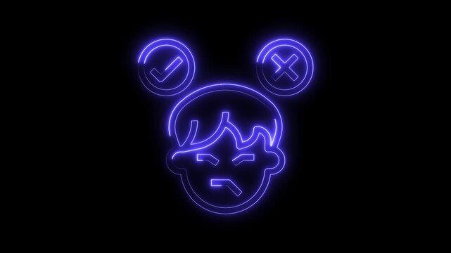 Frustrated person making decisions with check mark and cross mark neon light design animation