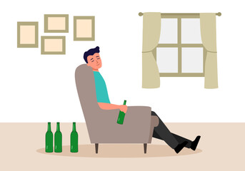 Drunk young man sitting on sofa with alcohol bottles on the floor. Alcoholism.