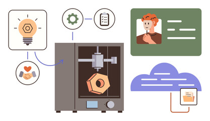 3D printer creating object connected with idea, teamwork, and cloud communication. Ideal for innovation, technology, product design, creativity, teamwork education digital transformation. Simple
