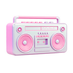 A pink and white boombox with speakers, buttons, and a handle, rendered in a 3D style. Isolated on a Transparent Background, PNG, Cutout