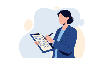 Businesswoman Checking a List on a Clipboard Performing a Checklist Process Flat Design Illustration
