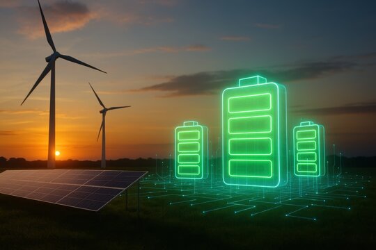 Sustainable data center power. Futuristic renewable energy scene with wind turbines, solar panels, and glowing battery storage at sunset.
