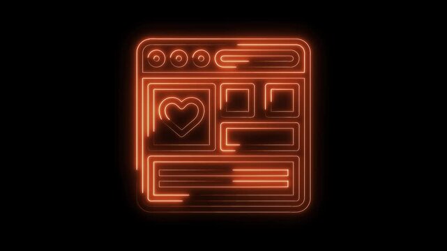 Glowing orange neon website template design interface with heart icon on black background