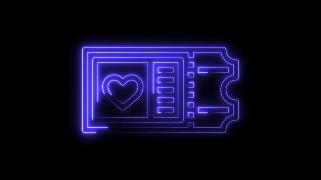 Animated glowing neon ticket featuring a heart icon against a black background