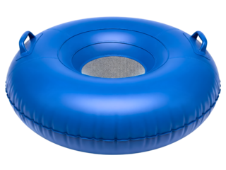 Blue inflatable river tube with a mesh bottom and handles on a transparent background